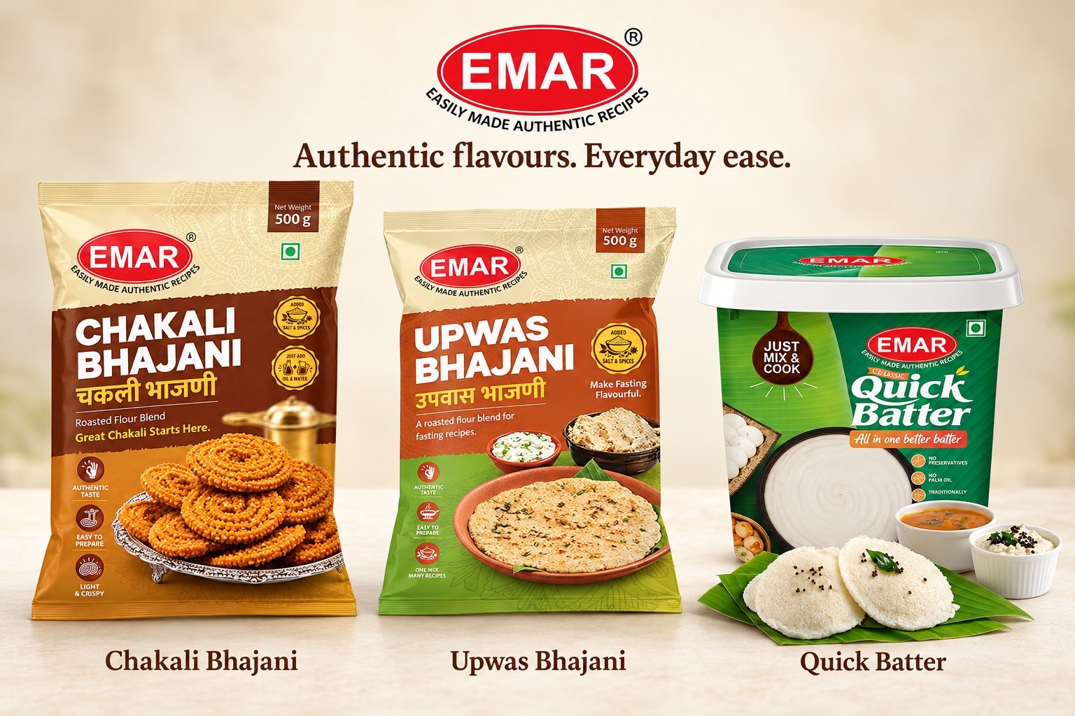 EMAR range — Chakali Bhajani, Upwas Bhajani and Quick Batter