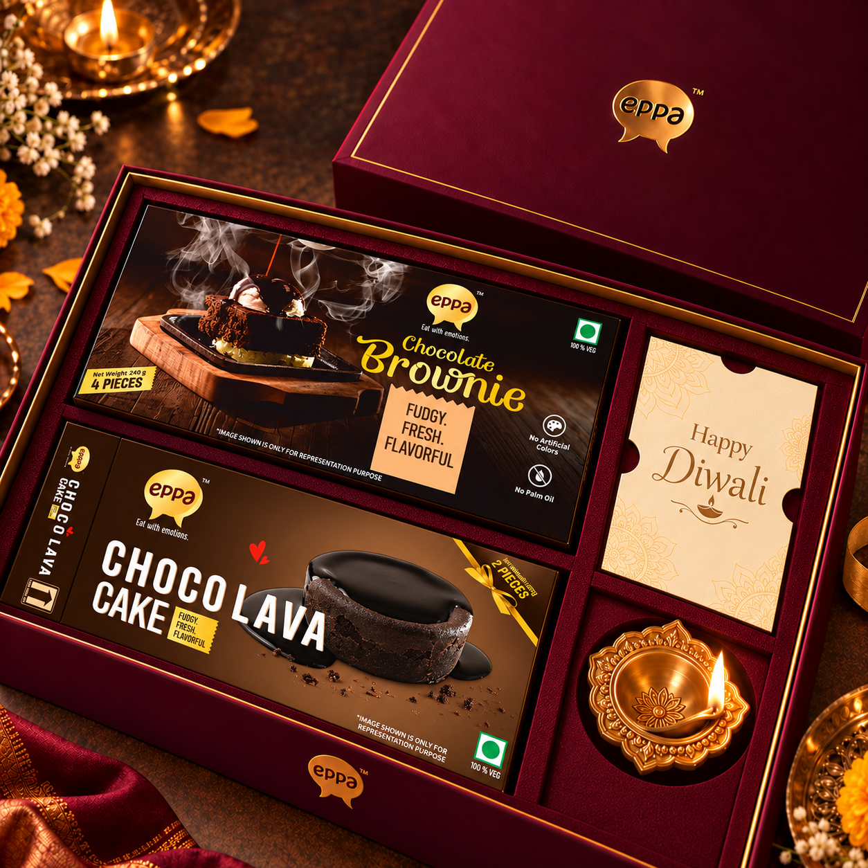 eppa festive gift box open to reveal Chocolate Brownie and Choco Lava Cake, presented for Diwali gifting