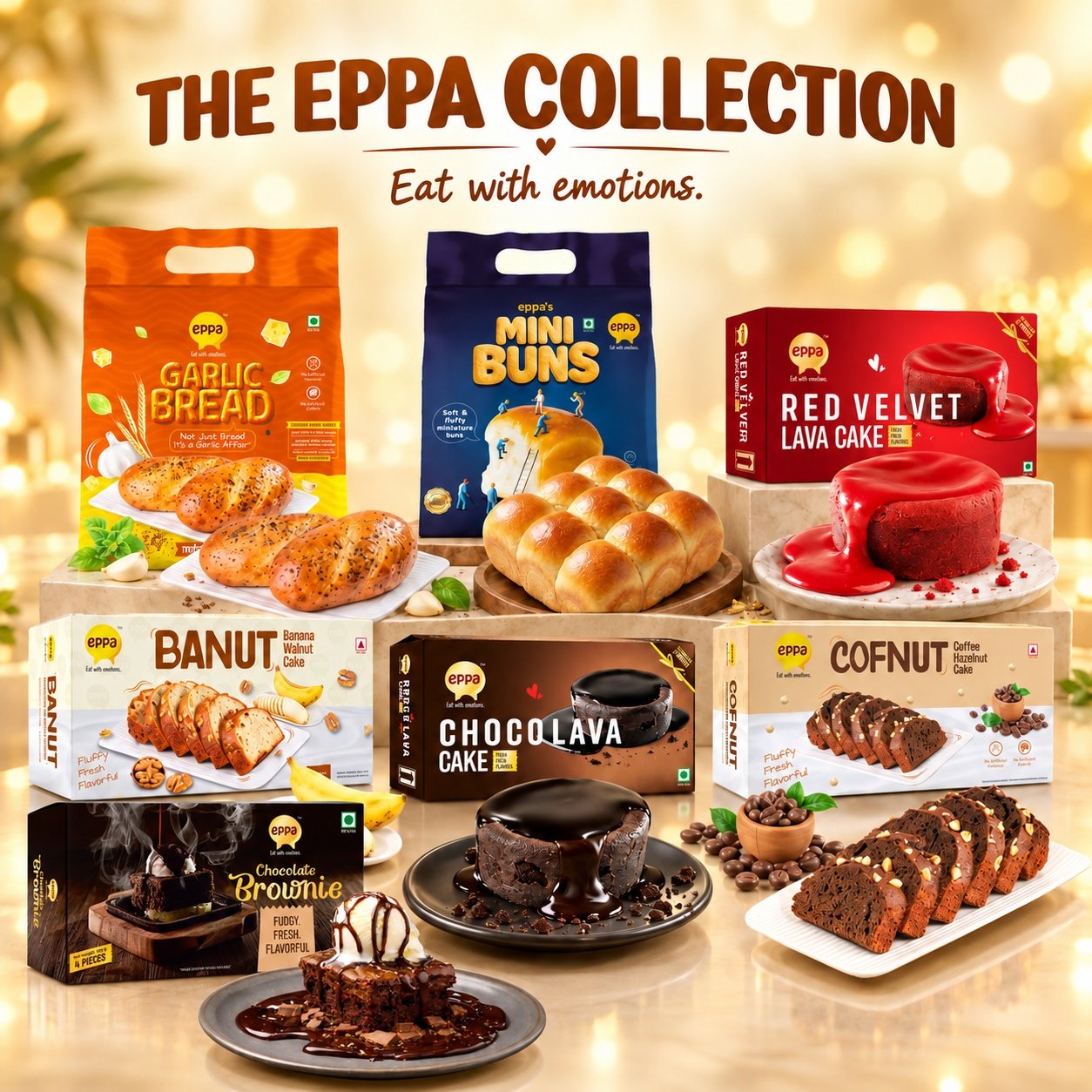 The eppa Collection — Garlic Bread, Mini Buns, Red Velvet Lava Cake, BANUT, Choco Lava Cake, COFNUT and Chocolate Brownie